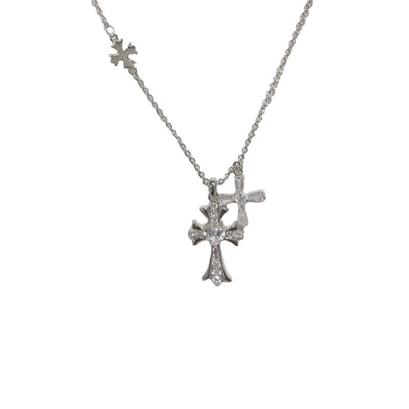 Chrome Hearts Silver Cross Pendant Necklace with Small Cross Charm